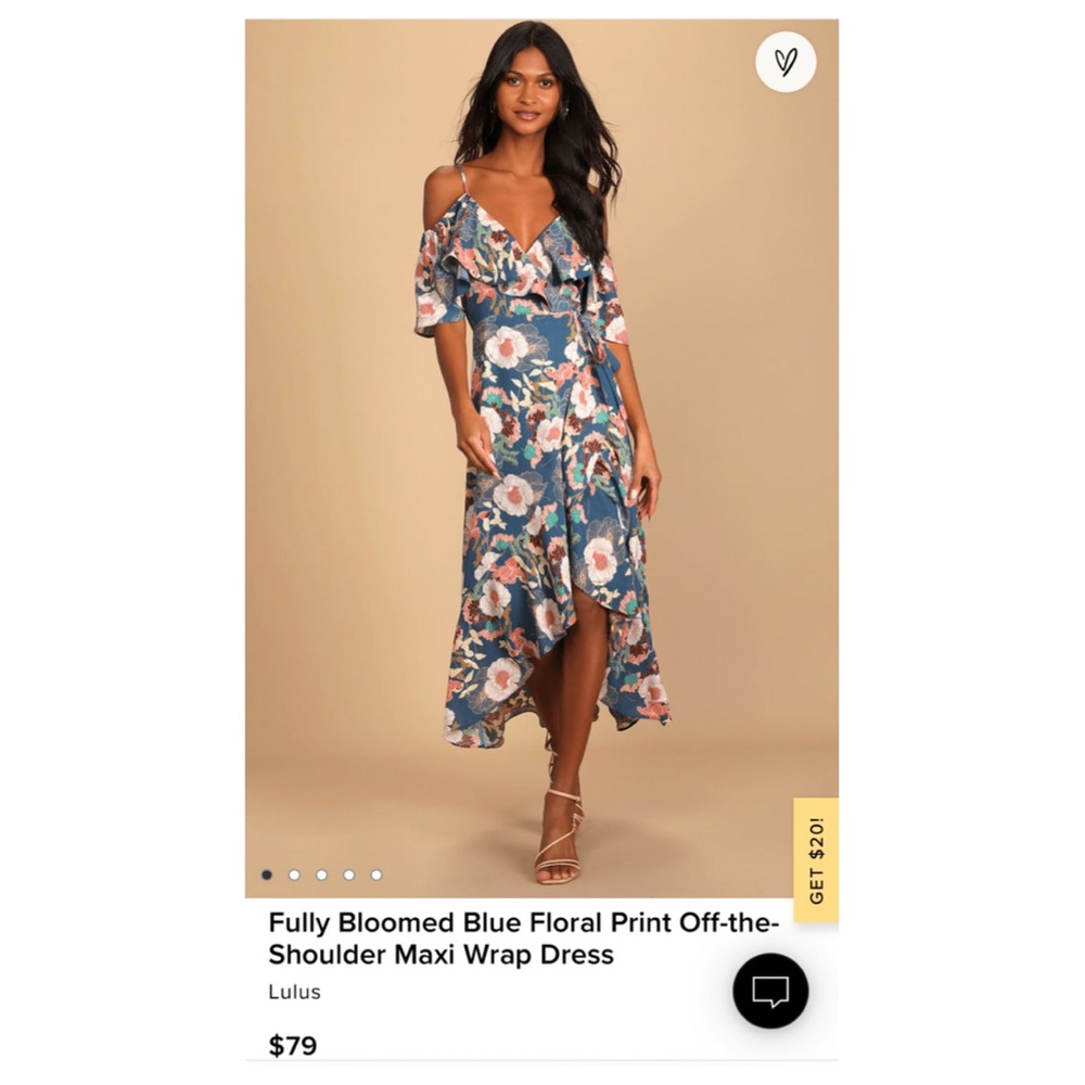 Lulu’s Fully Bloomed Blue Floral Print Off-the-Shoulder Maxi Wrap Dress
